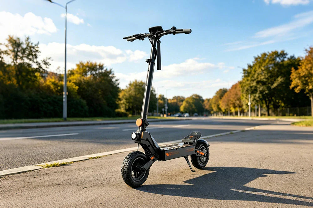 Electric scooter with front light and turn signal displayed on city road