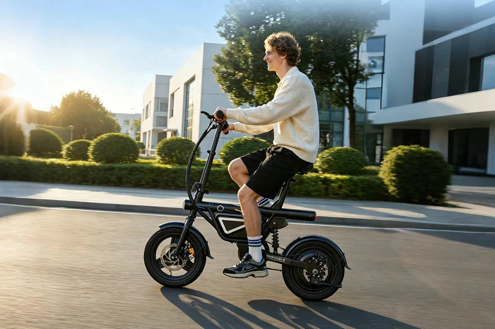 Sleek foldable electric bike being ridden on sunlit urban street in modern city