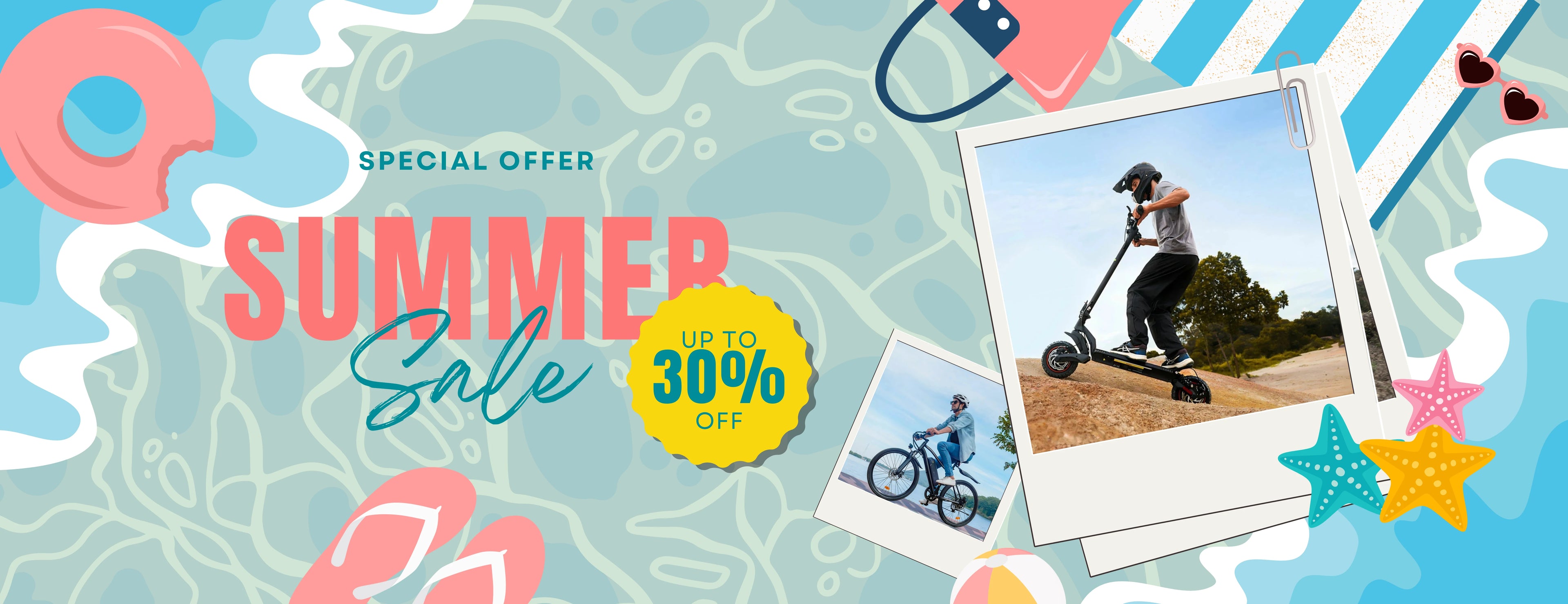 iScooter electric scooter summer sale banner, up to 30% off